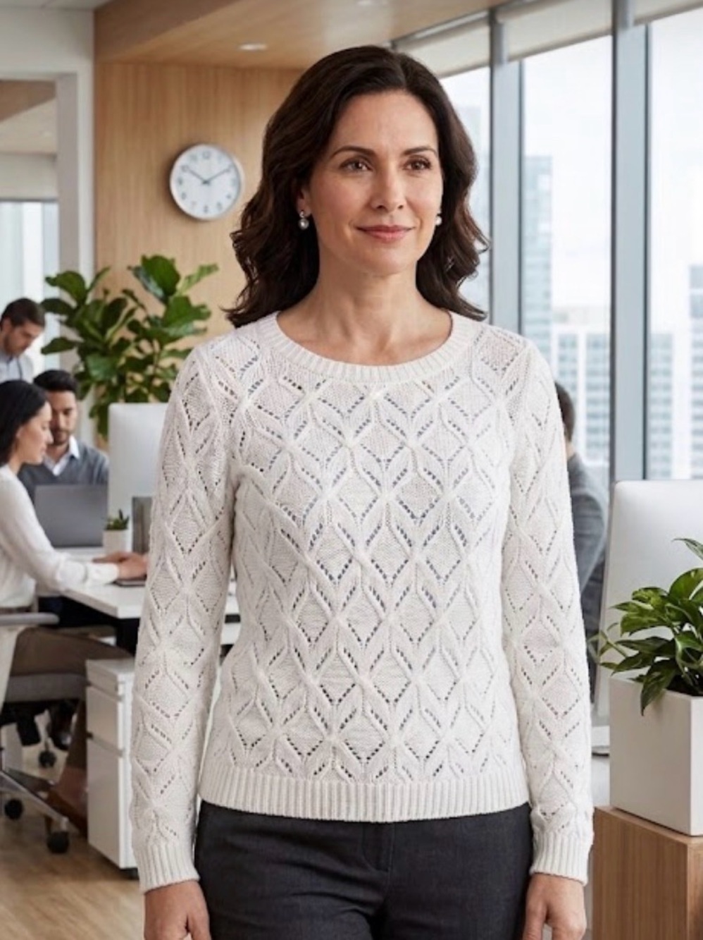LOFT Cream Cable Knit Openwork Pointelle Sweater Off White Crew Neck - Picture 3 of 16